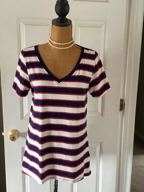 LuLaRoe V-Neck Short Sleeve Tee in Navy, White & Red Stripes